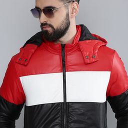Flying Machine Men Black & Red Colourblocked Hooded Puffer Jacket-image-91