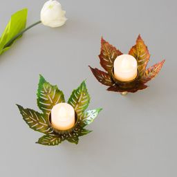 Golden Peacock Green & Brown 2 Pieces Textured Leaf Shaped Candle Holders-19