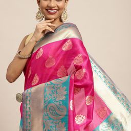 Silk Land Pink & Golden Ethnic Motifs Zari Banarasi Saree-image-86