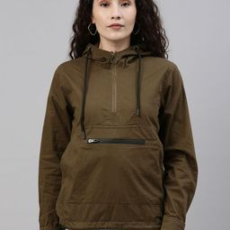 Campus Sutra Women Olive Green Hooded Sporty Jacket-image-54