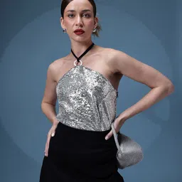 bebe Future Glam Sequinned Embellished Halter Neck Styled Back Party Top-image-49