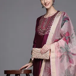 Indo Era Women Purple Embroidered Sequinned Liva Kurta with Trousers & With Dupatta-image-75