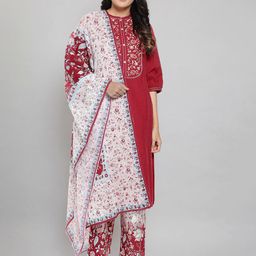 AURELIA Women Red Pure Cotton Kurta with Palazzos & With Dupatta-image-99