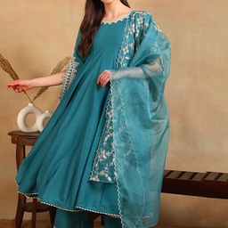 KALINI Round Neck Thread Work Kurta with Trousers & With Dupatta-picture-48
