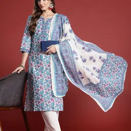 Indo Era Floral Printed Pure Cotton Kurta with Trousers & With Dupatta-picture-29