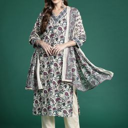 Indo Era Floral Printed Regular Pure Cotton Kurta with Trousers & Dupatta-11