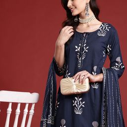 Indo Era Floral Printed Sequinned Pure Cotton Kurta With Trousers & Dupatta-image-95