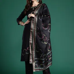Indo Era Floral Embroidered Thread Work Kurta with Trousers & With Dupatta-image-34