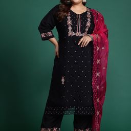 Indo Era Plus Size Floral Embroidered Sequinned Kurta with Trousers & Dupatta-picture-31