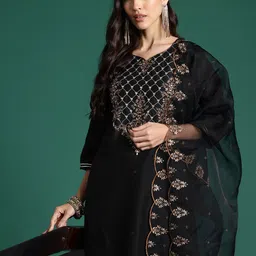 Indo Era Ethnic Motifs Embroidered Zari Liva Kurta with Trousers & With Dupatta-31