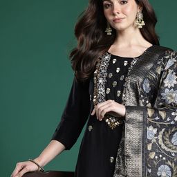 Indo Era Floral Embroidered Thread Work Kurta with Trousers & With Dupatta-picture-55