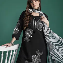 Indo Era Floral Embroidered Pure Cotton Kurta with Trousers & Dupatta-58