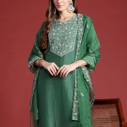 Indo Era Ethnic Motifs Embroidered Aari Work Kurta with Trousers & Dupatta-picture-1