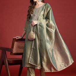 Indo Era Ethnic Motifs Embroidered Sequinned Liva Kurta With Trousers & Dupatta-24
