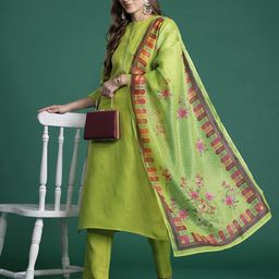 Indo Era Ethnic Motifs Yoke Design Thread Work Kurta with Trousers & With Dupatta-3
