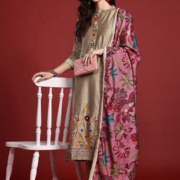 Indo Era Floral Embroidered Thread Work Kurta with Trousers & With Dupatta-image-95