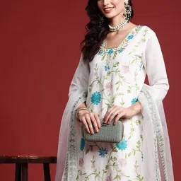 Indo Era Women Floral Embroidered Thread Work Kurta With Trousers & Dupatta-picture-11
