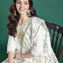 Indo Era Floral Embroidered Pure Cotton Kurta with Trousers & Dupatta-picture-56