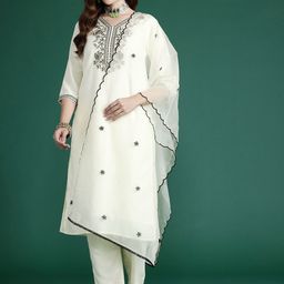 Indo Era Ethnic Motifs Embroidered Zari Kurta With Trousers & Dupatta-image-79