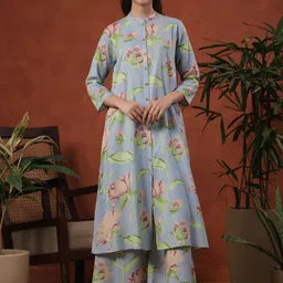 anayna Floral Printed Mandarin Collar A-Line Kurta With Palazzos-image-62