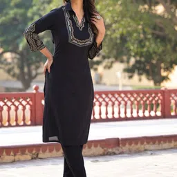 AUTUMN LANE VARTIKA ONYX Floral Yoke Design Thread Work Straight Kurta with Trousers-45