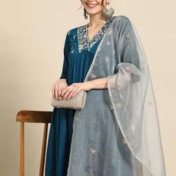 Sangria Floral Embroidered Empire Thread Work Kurta With Palazzos & Dupatta-40