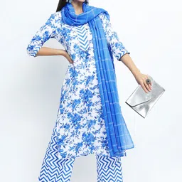 Vishudh Women Off White Printed A-line Kurti with Palazzos and dupatta-image-93