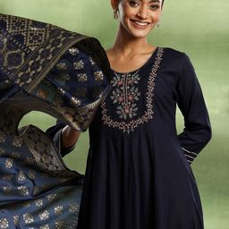 Libas Floral Yoke Design Thread Work Panelled Anarkali Kurta with Trouser & Dupatta-picture-7