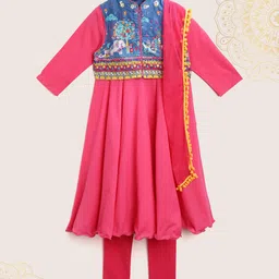 Biba Girls Pink & Blue Solid Threadwork Detail Anarkali Kurta Set & Ethnic Jacket-picture-21
