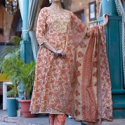 KALINI Floral Printed Mirror Work Pure Cotton Anarkali Kurta With Trousers & Dupatta-16