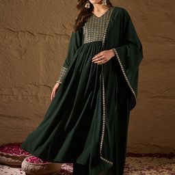 House of Pataudi Yoke Design V-Neck Sequinned Georgette Kurta With Trousers & Dupatta-33