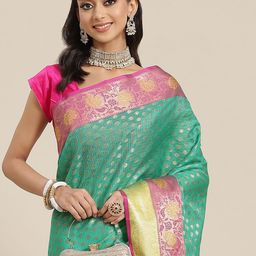 Silk Land Green & Pink Ethnic Motifs Zari Art Silk Kanjeevaram Saree-picture-10