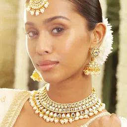 Rubans 22K Gold Plated Handcrafted White Kundan & Pearl Bridal Choker Jewelry Set-image-42