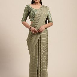 Saree mall Olive Green Satin Striped Saree-image-4