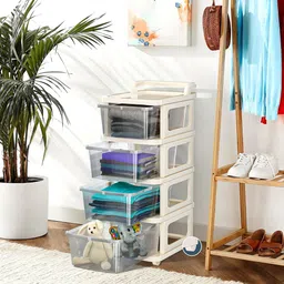 Kuber Industries 4 Layer Plastic Modular Storage Drawer Organizer Wheels Transparent Ivory-43
