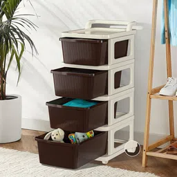 Kuber Industries 4 Layer Plastic Modular Storage Drawer Organizer with Wheels Ivory Brown-47