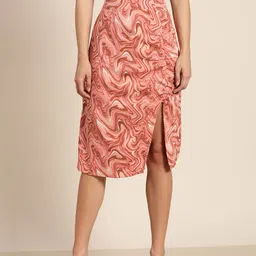 Marie Claire Women Peach-Coloured Abstract Print Ruched Detail High-Slit A-Line Skirt-17