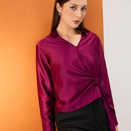Globus Solid Shirt Collar Cuffed Sleeves Twisted Buckle Detail Shirt Style Party Top-picture-22