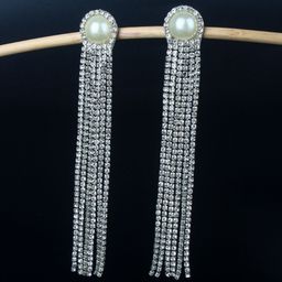 StyleCast Silver-Plated Rhinestone Studded Tasselled Circular Shaped Drop Earrings-image-23