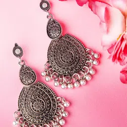 Rubans Silver-Plated & White Crescent Shaped Oxidised Drop Earrings-16