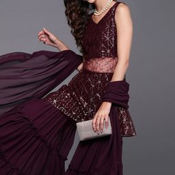 Inddus Women Burgundy Net Sheer Sequinned Kurta with Sharara & Dupatta-picture-17