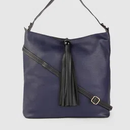 Caprese Navy Blue Animal Textured Regular Structured Hobo Bag with Fringed Detail-4