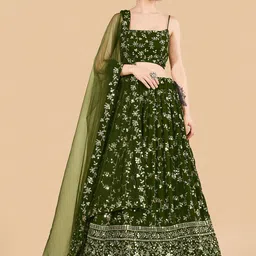 Fusionic Green & Gold-Toned Embellished Semi-Stitched Lehenga & Unstitched Blouse With Dupatta-image-48