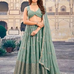 Fashion Basket Embroidered Mirror Work Semi-Stitched Lehenga & Unstitched Blouse & Dupatta-image-46
