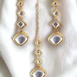 LUCKY JEWELLERY 18k Gold-Plated White Kundan-Studded Meenakari Jewellery Set-picture-44