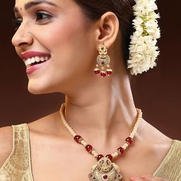 ADIVA 18K Gold-Plated Lord Ganesha Kundan Stone-Studded & Pearl Beaded Jewellery Set-56