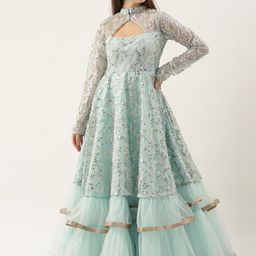 Ethnovog Women Sea Green Sequinned Embellished Made To Measure Layered Bridal Maxi Dress-24
