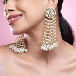 Rubans 18K Gold-Plated Kundan Studded & Multilayer Pearls Beaded Circular Drop Earrings-image-54
