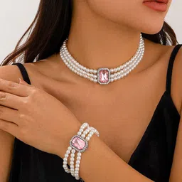 Shining Diva Fashion Silver-Plated Stone Studded & Pearls Beaded Jewellery Set-97