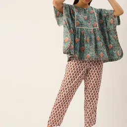 SANSKRUTIHOMES Women Green & White Pure Cotton Printed Pyjama Set-picture-14